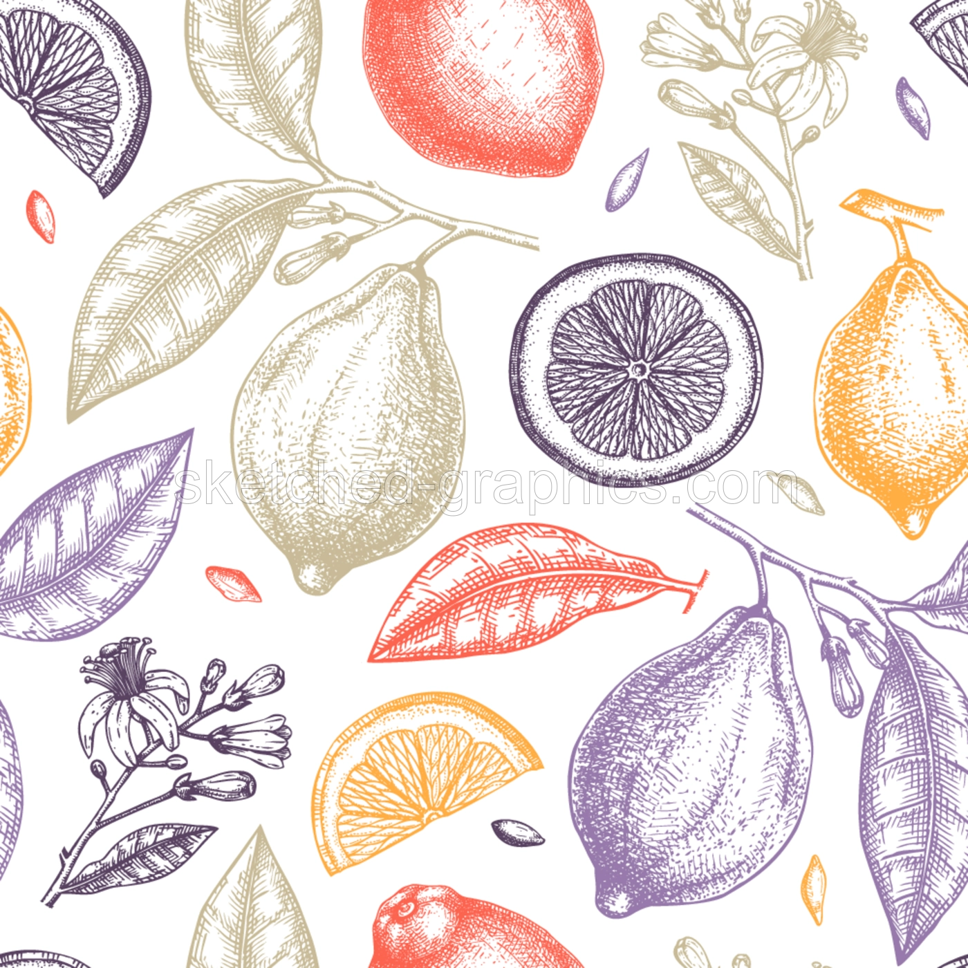 Ink hand drawn citrus fruits backdrop. Vector lemons seamless pattern with citrus fruits, flowers, seeds, leaves, branches sketches. Perfect for packing, greeting cards, invitations, prints.  Illustration